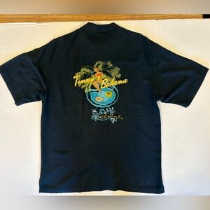 Tommy Bahama black “Off the Deep End” embroidered 100% silk Hawaiian shirt Large